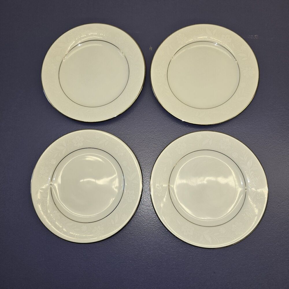 Noritake Ranier 4 Bread & Butter Plates Platinum Trim #6909 Floral White - Picture 2 of 4